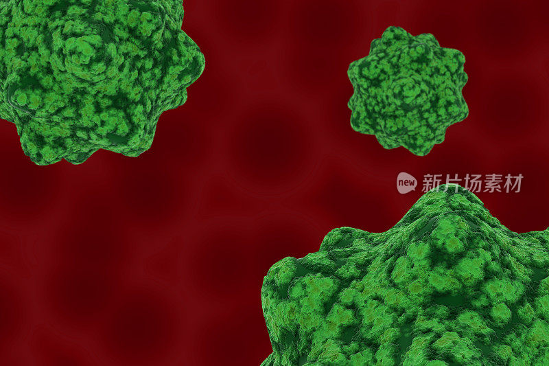血红细胞背景上的病毒孢子- 3D插图